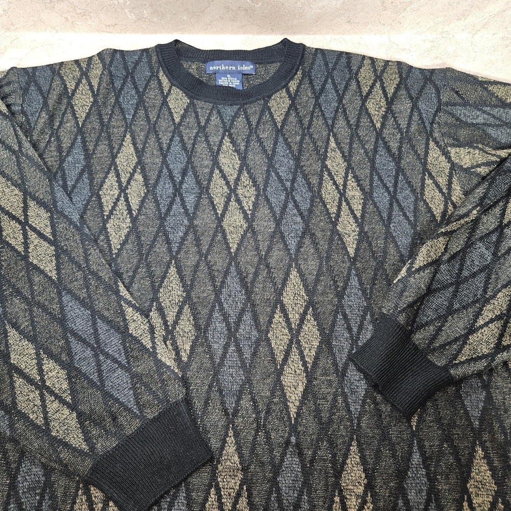 VTG Y2K Northern Isles Sweater Mens‎ XL Black Gold Diamond Argyle Knit Crewneck
